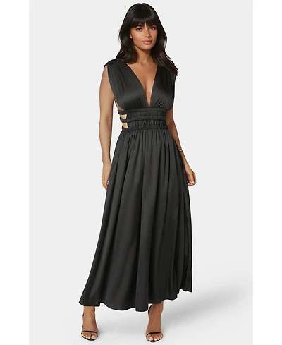 Bebe Women's Satin V-Neck Cutout Maxi Dress