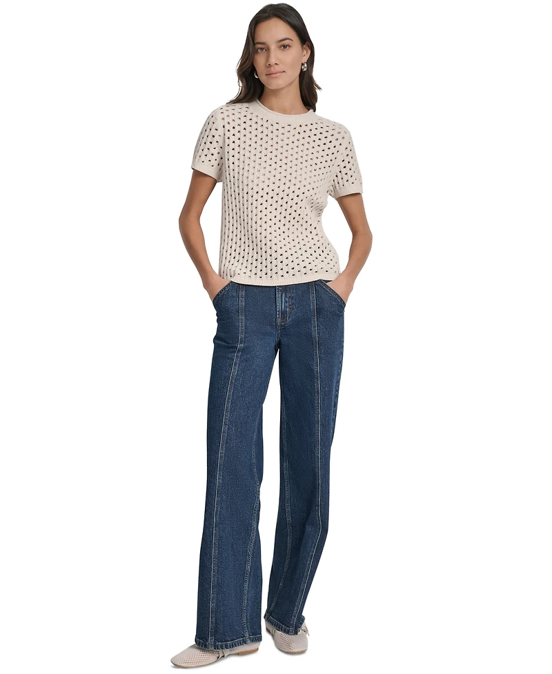 Dkny Jeans Women's Open Stitch Crewneck Short-Sleeve Sweater