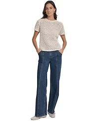 Dkny Jeans Women's Open Stitch Crewneck Short-Sleeve Sweater