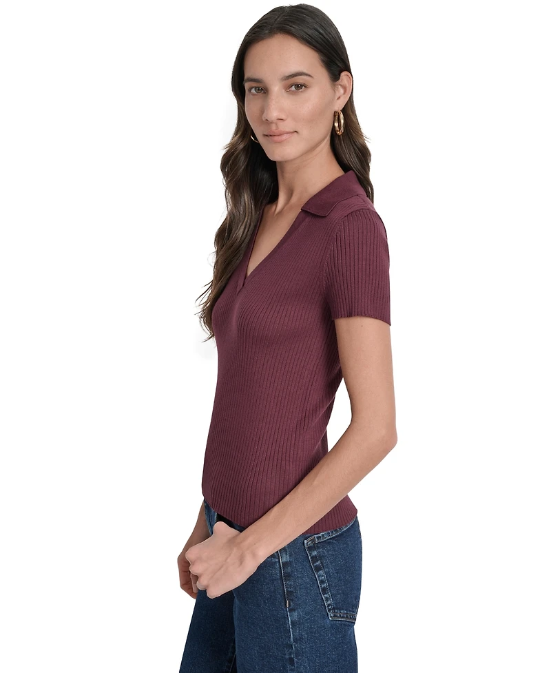 Dkny Jeans Womens Ribbed V-Neck Polo Sweater