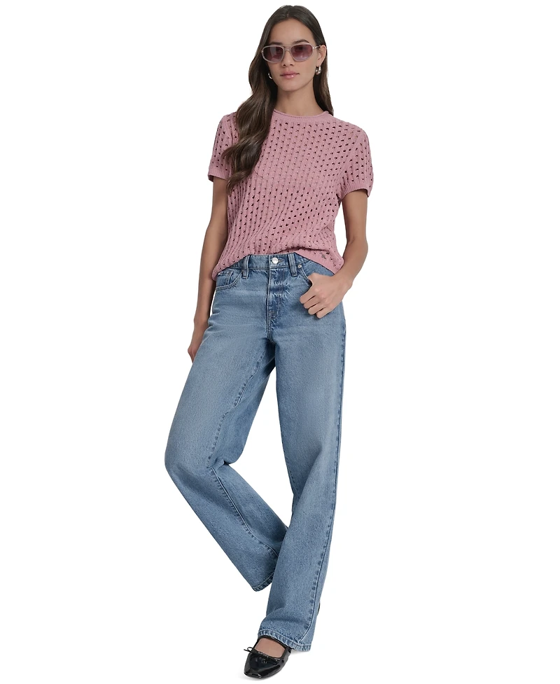 Dkny Jeans Women's Open Stitch Crewneck Short-Sleeve Sweater