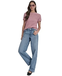 Dkny Jeans Women's Open Stitch Crewneck Short-Sleeve Sweater