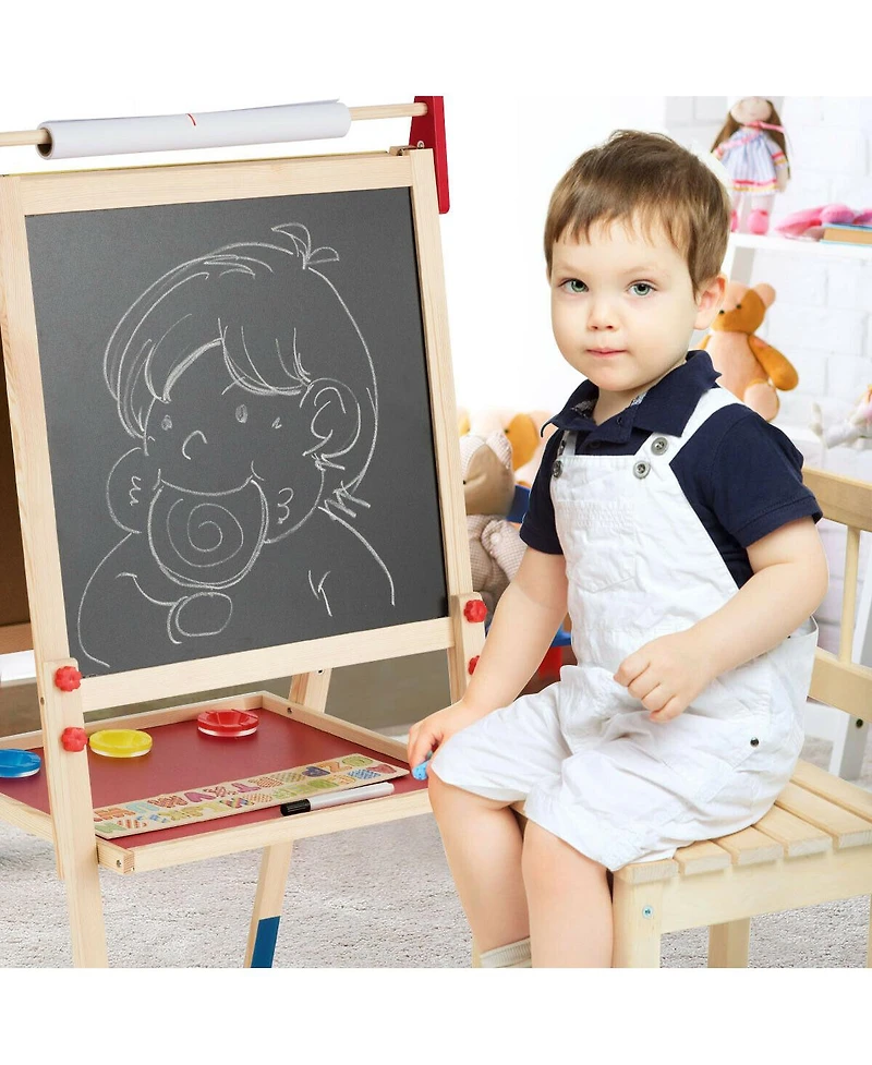 Akiudex all-in-one wooden height adjustable kid's art easel with magnetic stickers and paper
