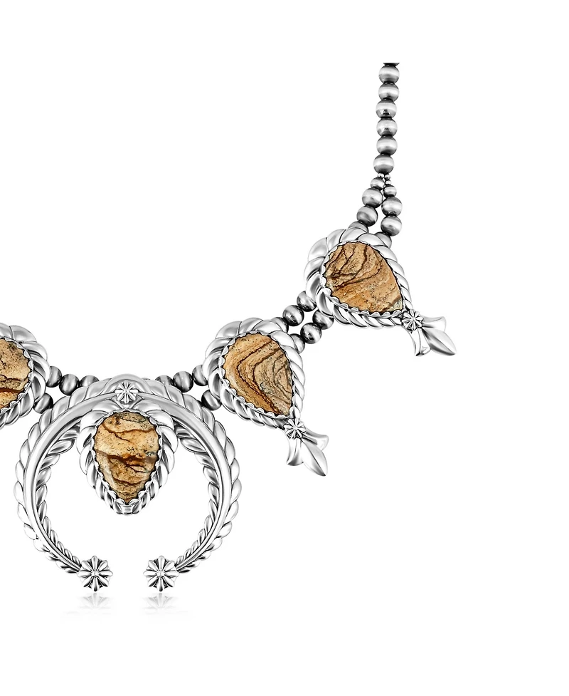 American West Jewelry Sterling Silver Picture Jasper Pear-Cut Squash Blossom Necklace, 17 to 20 Inches