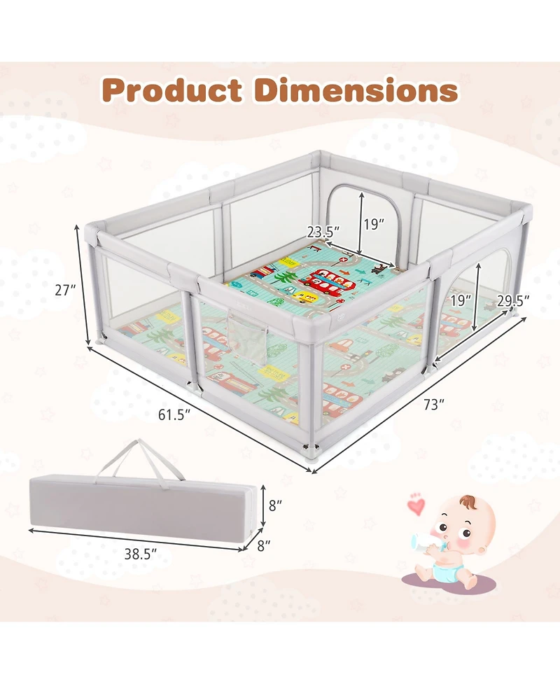 Gymax Toddler Large Playpen w/ Mat Play Yard w/ Pull Rings & Ocean Balls Play Area
