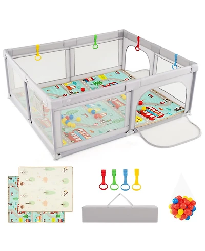 Gymax Toddler Large Playpen w/ Mat Play Yard w/ Pull Rings & Ocean Balls Play Area