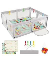 Gymax Toddler Large Playpen w/ Mat Play Yard w/ Pull Rings & Ocean Balls Play Area