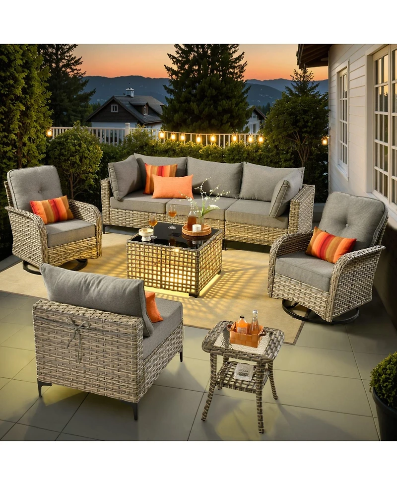Xizzi Outdoor Patio Furniture Set,8 Pieces Rattan Sectional Cozy Sofa,Patio Conversation Sets with Swivel Chairs and Solar Coffee Table