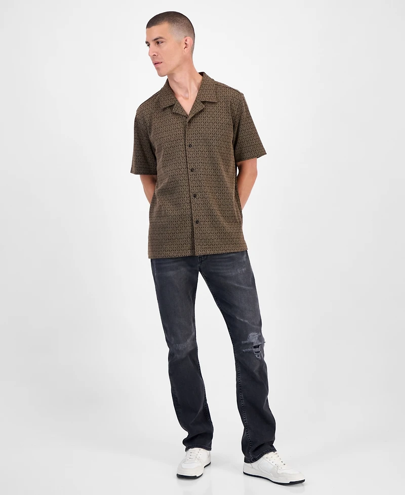 Guess Marcos Short Sleeve Jacquard Pattern Button-Front Camp Shirt