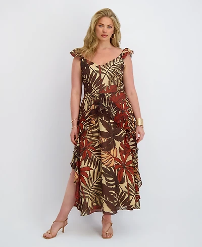 Siena Plus Flutter-Sleeve Printed Chiffon Maxi Dress