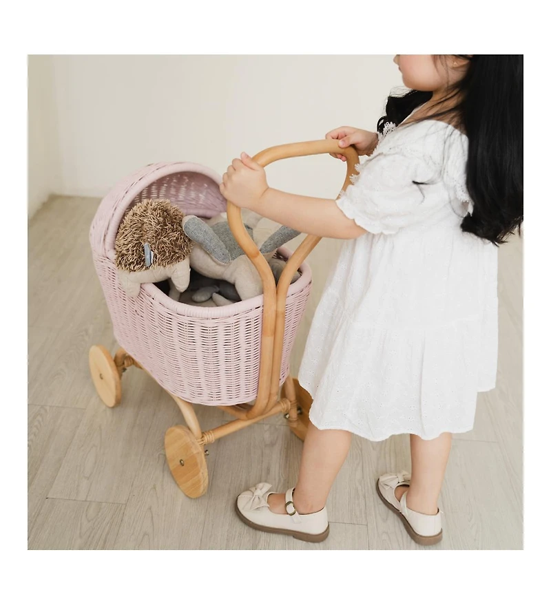 Momiji - Colette Handcrafted Rattan Doll Stroller with Wooden Wheels and Toy Mattress - Wicker