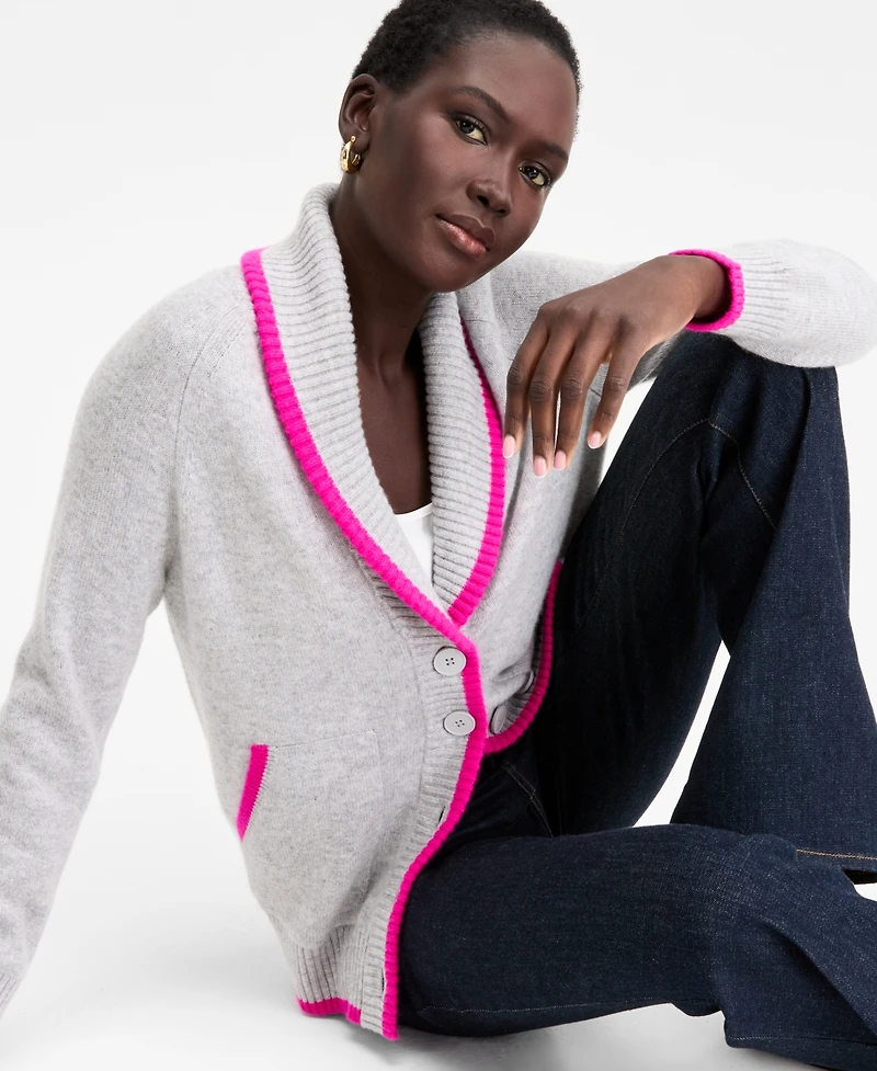 Charter Club Women's 100% Cashmere Tipped Shawl-Collar Boyfriend Cardigan, Macy's Exclusive