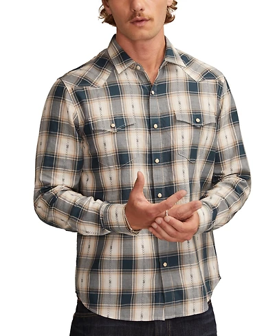Lucky Brand Men's Dobby Western Long Sleeve Snap-Front Plaid Shirt