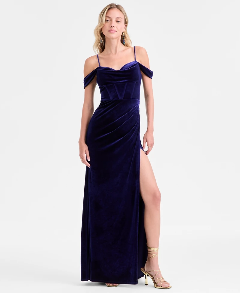 B Darlin Juniors' Velvet Off-The-Shoulder Gown