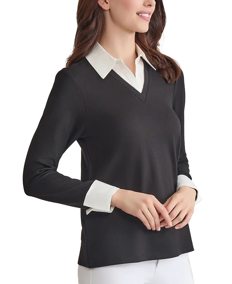 Jones New York Petite V-Neck Long-Sleeve Two-Fer Pullover