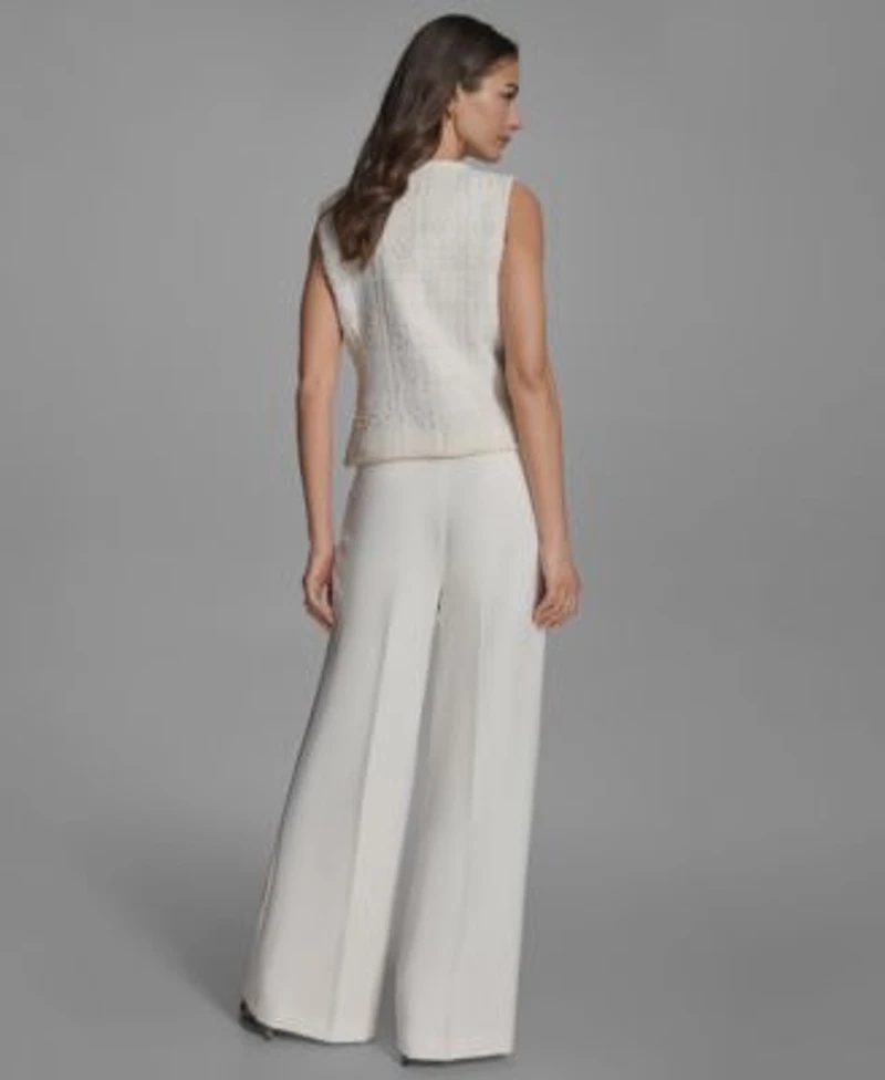 Bcbg Womens Textured Crewneck Button Front Vest Pleated Wide Leg Pants
