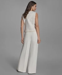 Bcbg Womens Textured Crewneck Button Front Vest Pleated Wide Leg Pants