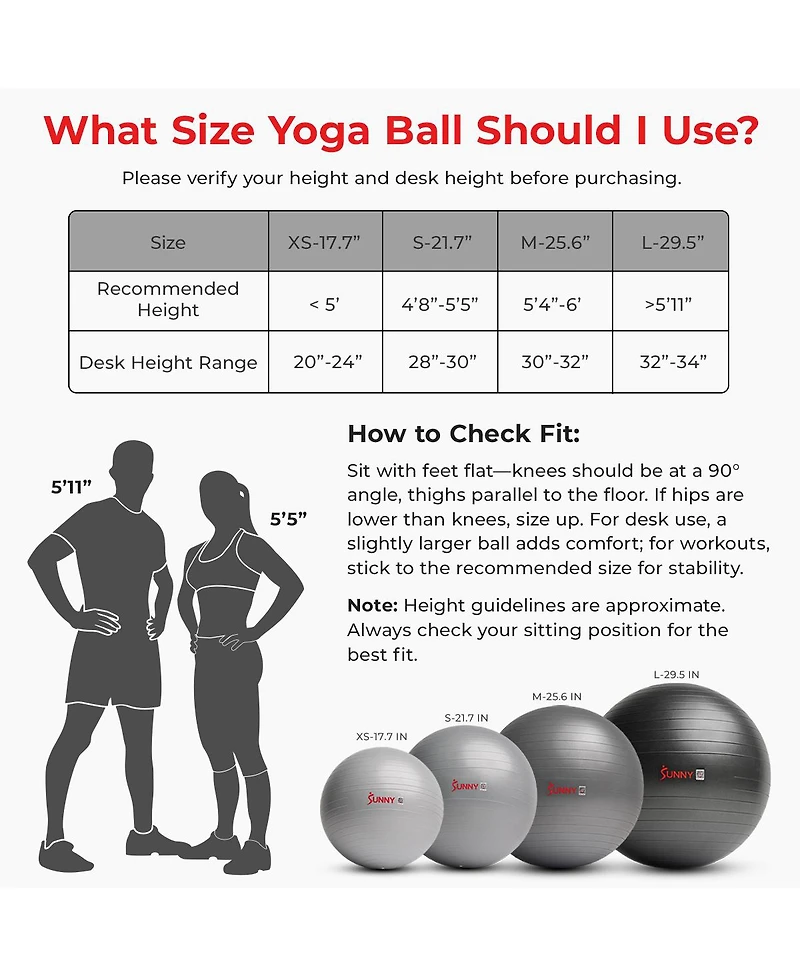 Sunny Health & Fitness Premium Yoga Ball Medium 65CM Anti-Burst Exercise Ball with Pump for Workouts, Physical Therapy