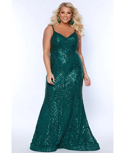 Sydney's Closet Women's Fitted V-neck Spaghetti Strap Plus Evening Gown