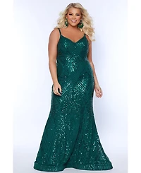 Sydney's Closet Women's Fitted V-neck Spaghetti Strap Plus Evening Gown