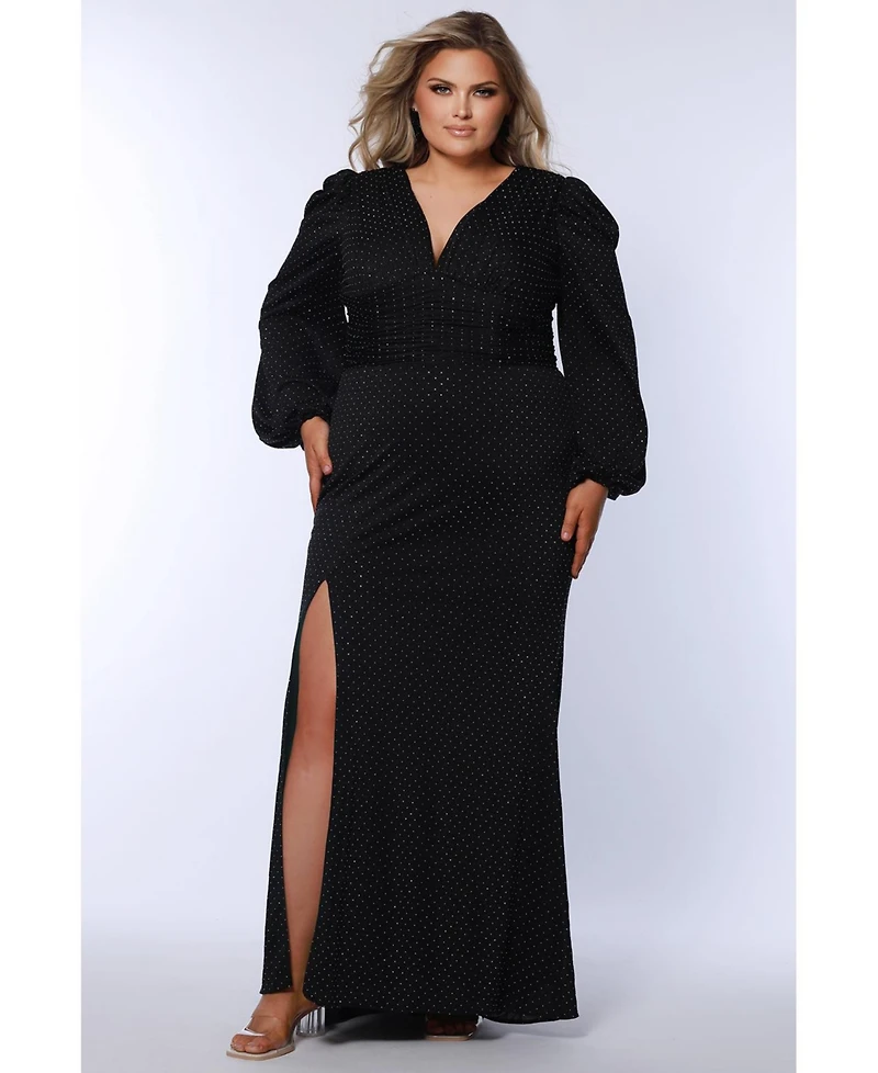 Celebrations by Sydney's Closet Women's V-Neck Puff Sleeve Long Formal Dress with Slit