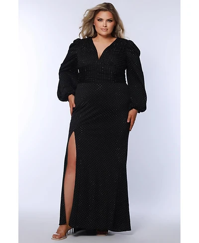 Celebrations by Sydney's Closet Women's V-Neck Puff Sleeve Long Formal Dress with Slit