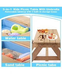 Cesicia 3-in-1 Kids Outdoor Wooden Picnic Table With Umbrella, Convertible Sand & Wate
