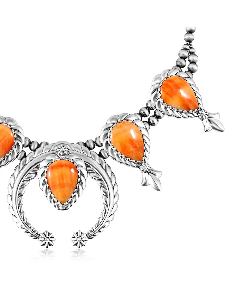 American West Jewelry Sterling Silver Orange Spiny Oyster Pear-Cut Squash Blossom Necklace, 17 to 20 Inches