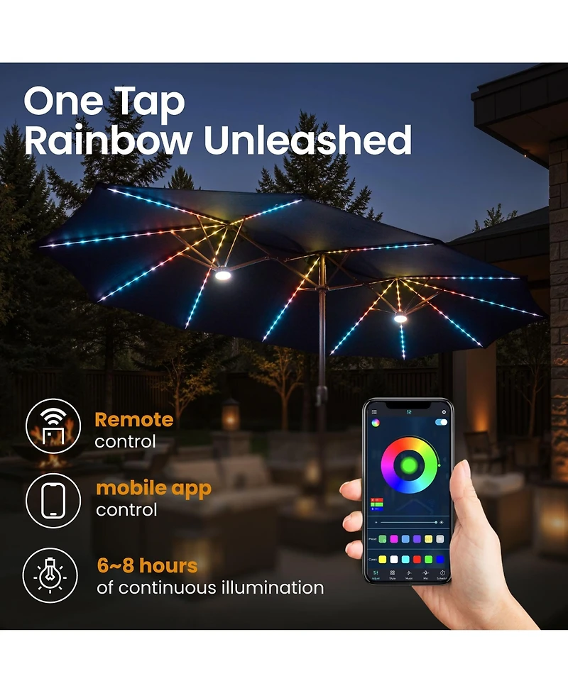 Xizzi 15ft Solar Umbrella Smart Led Lighted Patio Umbrella,12 Heavy Duty Ribs Large Outdoor Double Sided Rectangle Umbrella with Light Modes and Base