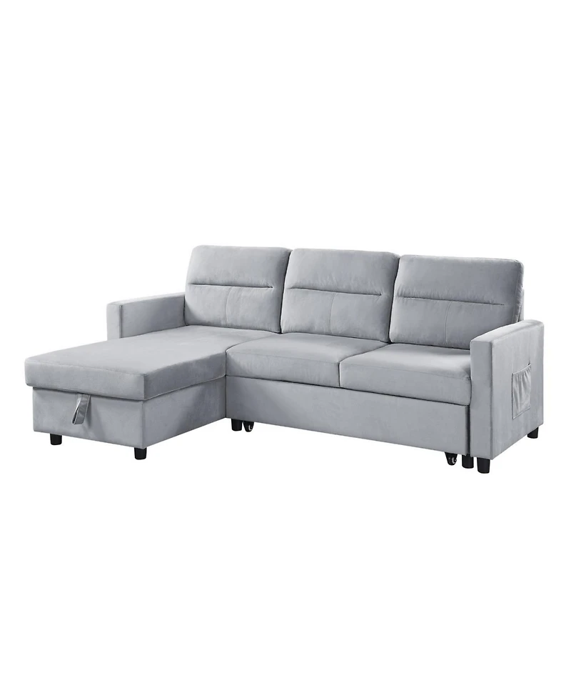 Homlux 81.5"W Light Gray Velvet Reversible Sleeper Sectional Sofa with Storage Chaise and Side Pocket