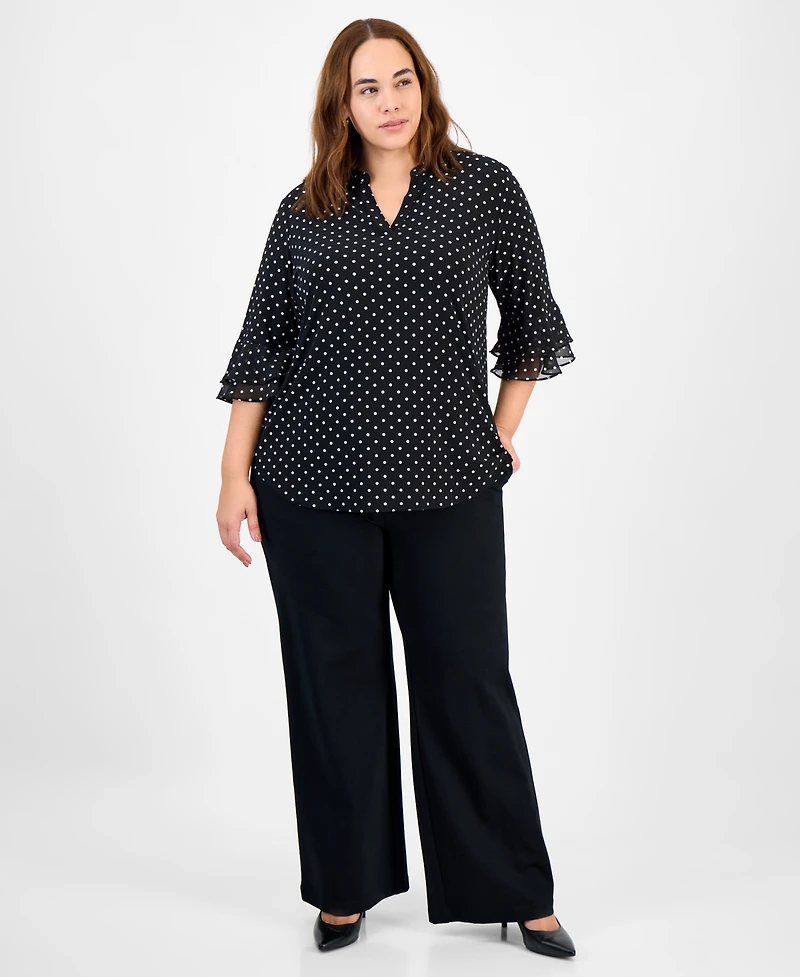 Kasper Plus Dot-Print Flutter-Sleeve Blouse