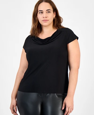 Kasper Plus Stretch Knit Short-Sleeve Cowl-Neck Top