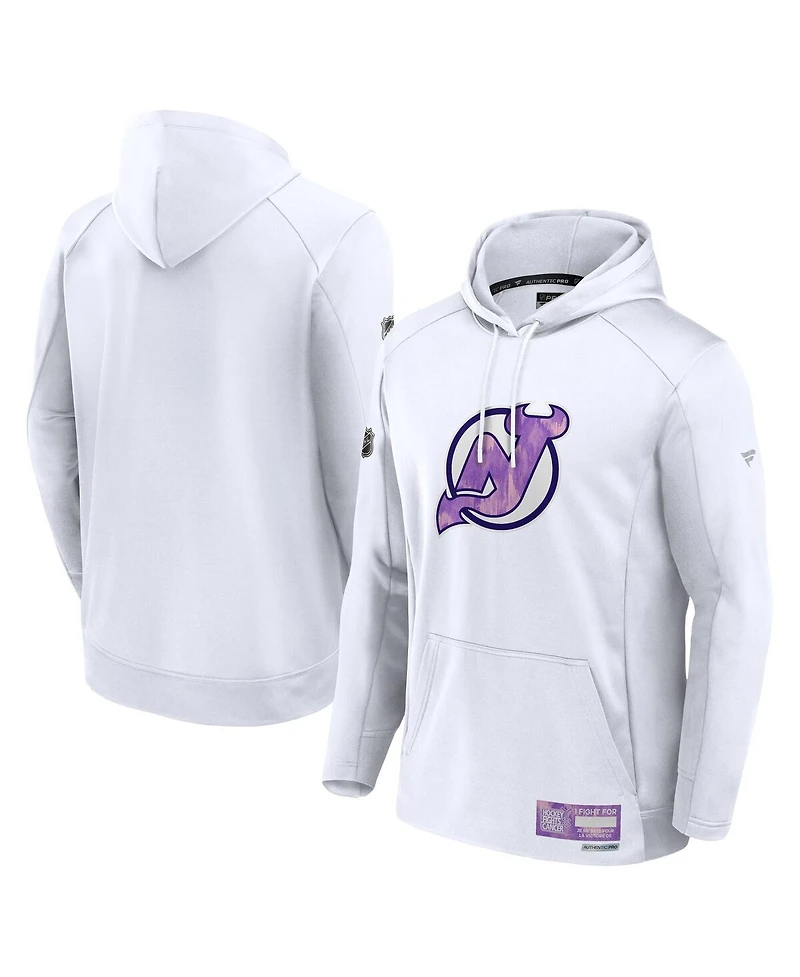 Fanatics Men's White New Jersey Devils Authentic Pro Hockey Fights Cancer Pullover Hoodie