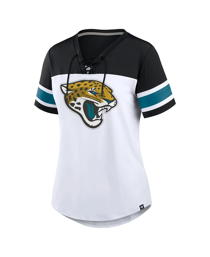 Fanatics Women's White/Black Jacksonville Jaguars Athena Rhinestone Lace-Up V-Neck T-Shirt