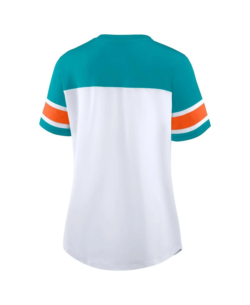 Fanatics Women's White/Aqua Miami Dolphins Athena Rhinestone Lace-Up V-Neck T-Shirt