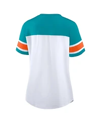 Fanatics Women's White/Aqua Miami Dolphins Athena Rhinestone Lace-Up V-Neck T-Shirt