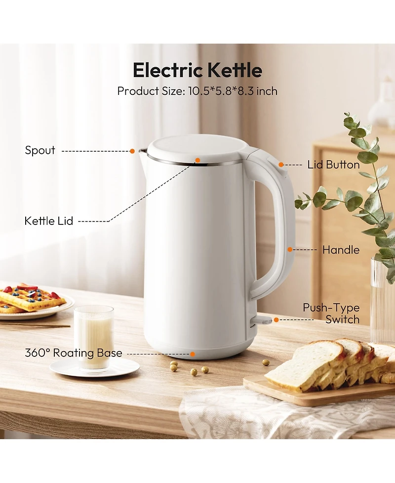1.8-l 1100W Fast Heat Electric Kettle Tea Kettle with Auto Shut-Off, Boil-Dry Proof, Double Wall Stainless Steel