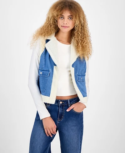 Self Esteem Juniors' Open-Front Denim Sherpa Vest