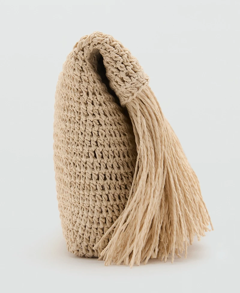 Mango Women's Fringes Detail Natural Fiber Handbag