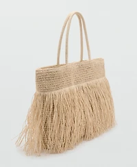 Mango Women's Fringes Detail Natural Fiber Shoulder Bag