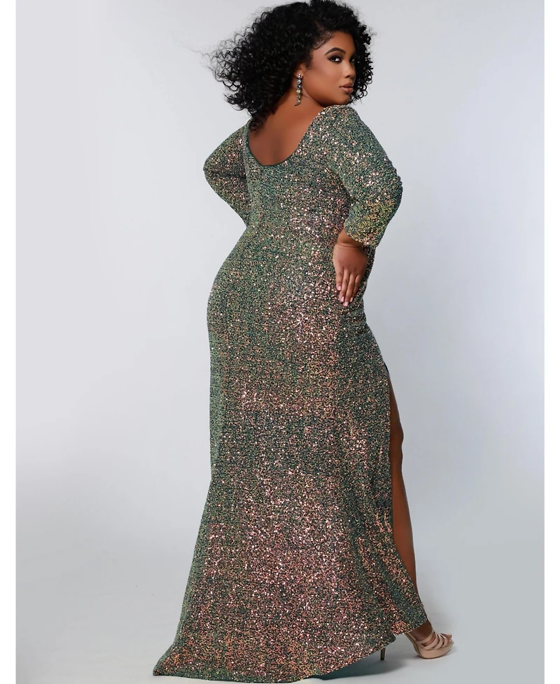 Sydney's Closet Women's Fitted V-Neck Multi-Dimensional Sequin Long Sleeve Plus Gown
