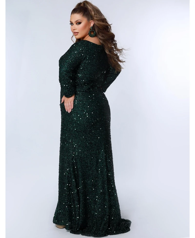 Sydney's Closet Women's Long Sleeve Fitted Scoop Neck Sequin Plus Gown