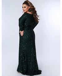 Sydney's Closet Women's Long Sleeve Fitted Scoop Neck Sequin Plus Gown