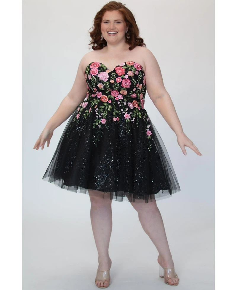 Sydney's Closet Women's Strapless Floral Embroidered Short Party Dress