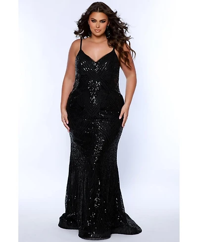 Sydney's Closet Women's Fitted V-neck Spaghetti Strap Plus Size Evening Gown