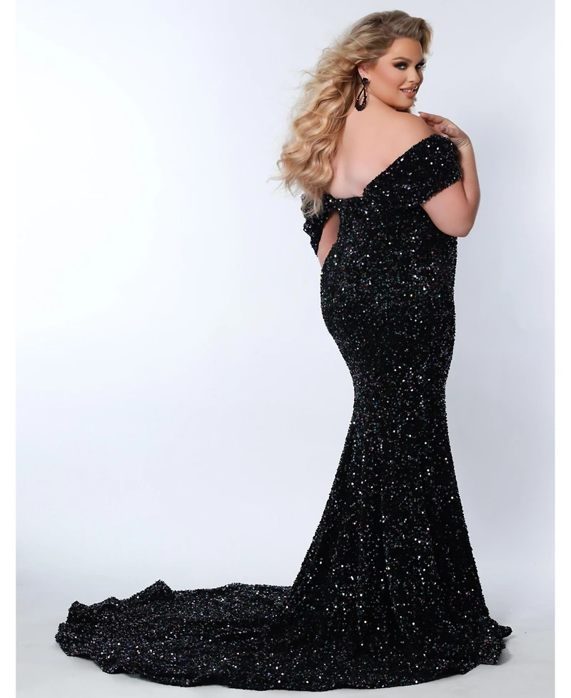 Johnathan Kayne for Sydney's Closet Women's Off the Shoulder Plus Sequin Velvet Fitted Formal Gown