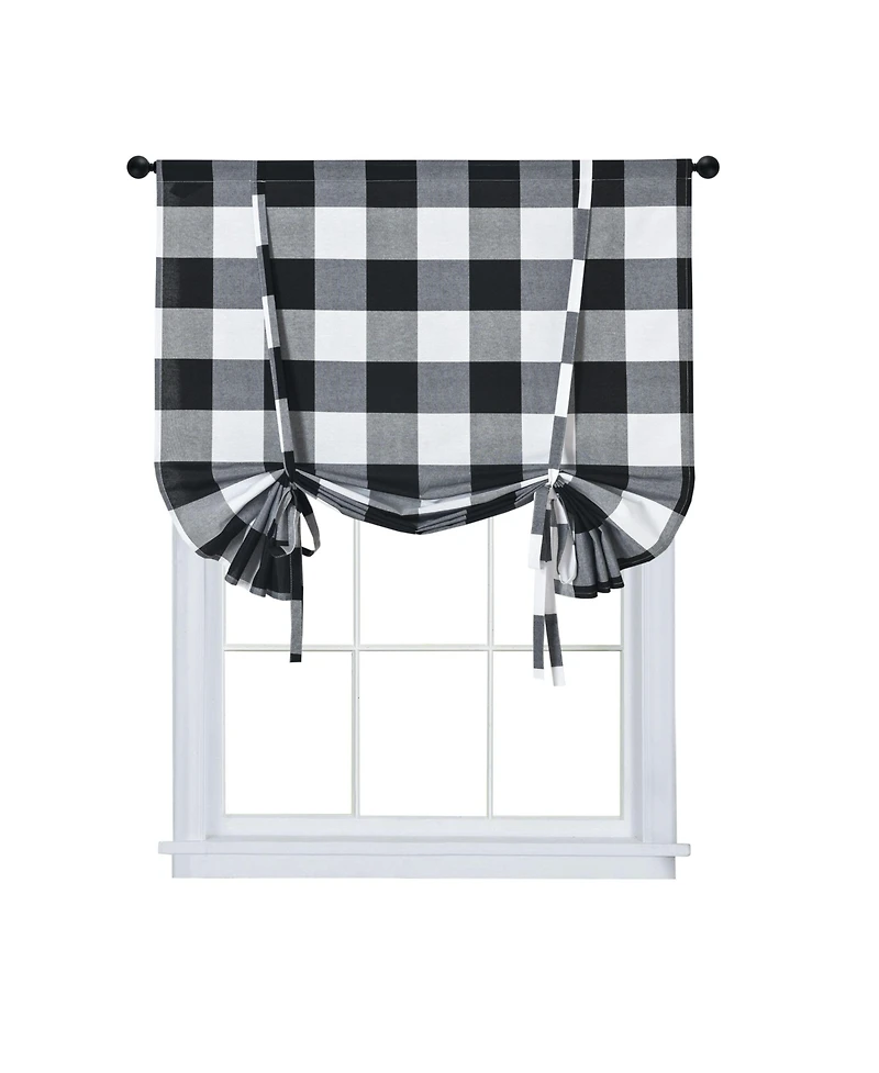 Kate Aurora Country Farmhouse Buffalo Plaid Gingham Single Tie Up Window Curtain Shades - 42 in. W x 63 in. L, Black