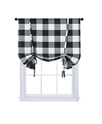 Kate Aurora Country Farmhouse Buffalo Plaid Gingham Single Tie Up Window Curtain Shades - 42 in. W x 63 in. L, Black