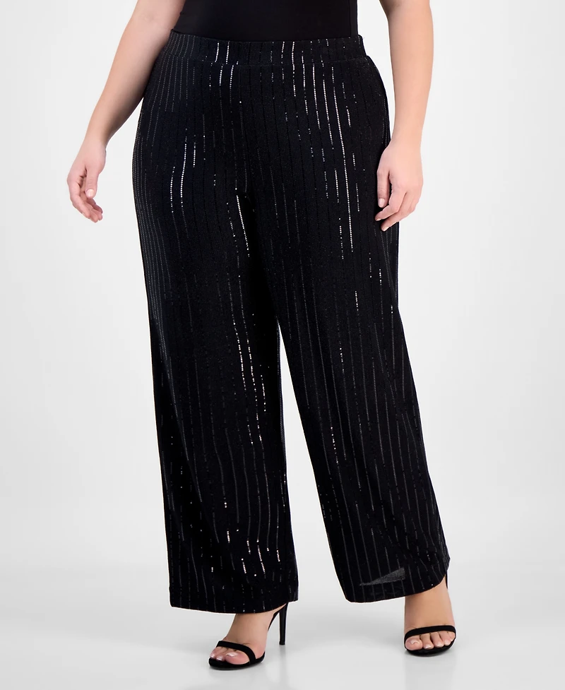 Anne Klein Plus Sequin Pinstripe High-Rise Wide-Leg Pants