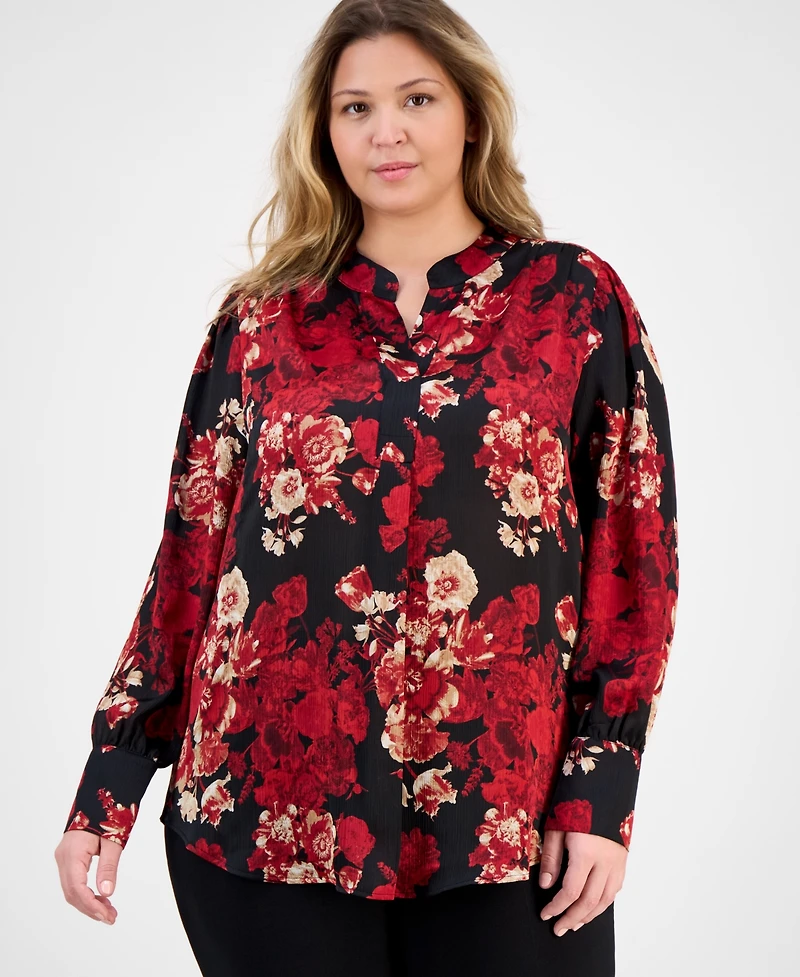 Anne Klein Plus Printed Pleat-Front Split-Neck Blouse